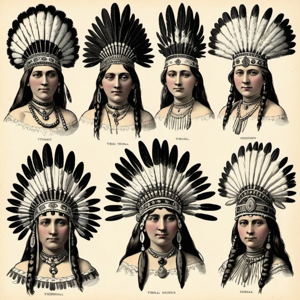 Prompt: Victorian illustration of different types of tribal headdresses. 