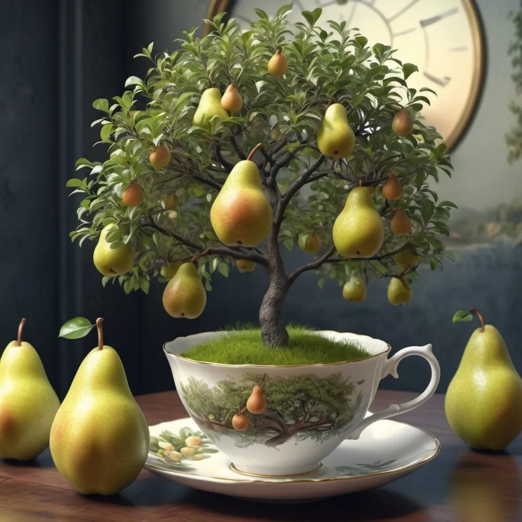 Prompt: Surreal fantasy pear tree in tea cup. UHD. HDR. 8K. Photorealistic. Surrealism 