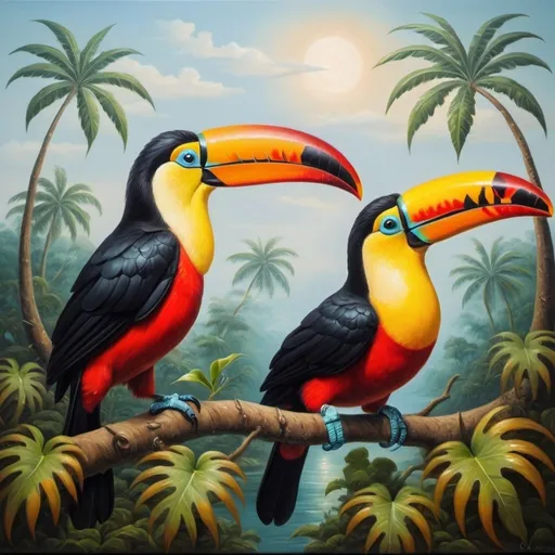 Prompt: Surreal toucans. Surrealism. Oil painting. 