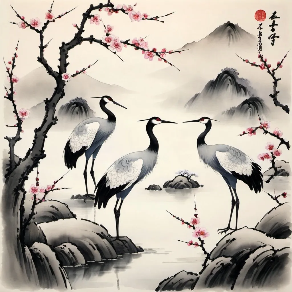 Prompt: Apricot blossom and cranes. Japanese ink painting 