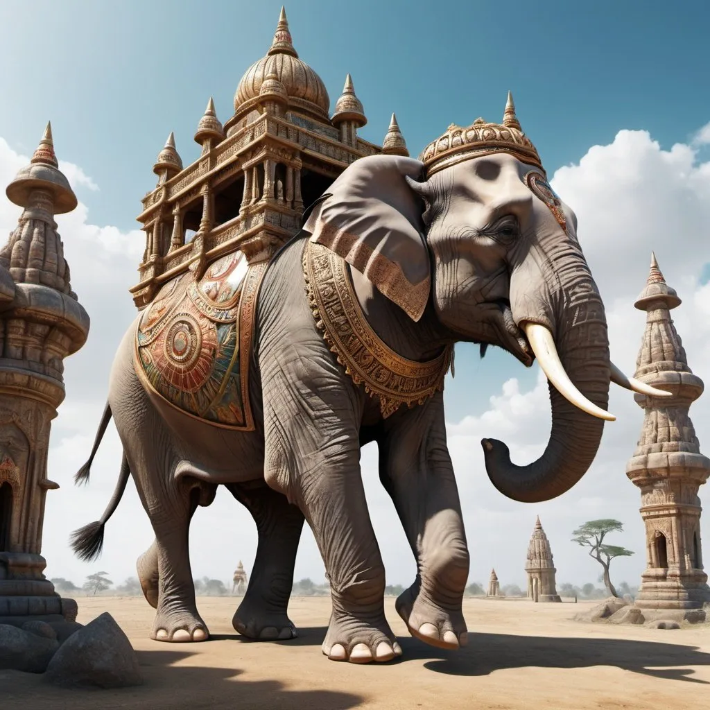 Prompt: Surrealism. Elephant carrying fantasy exotic temple on its back. Side view. UHD. 8K. HDR. photorealistic 