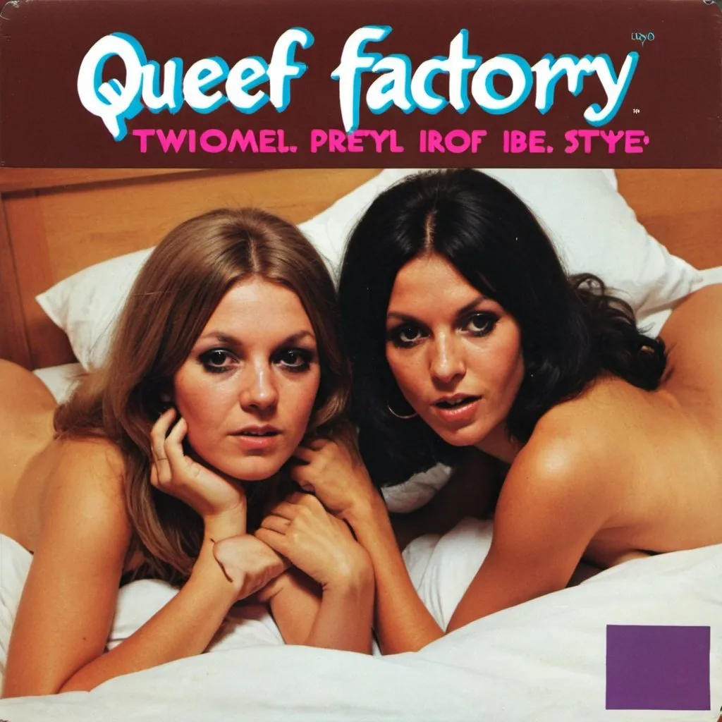 Prompt: Album cover called “Queef Factory”. Two pretty women in bed. 1970s style  