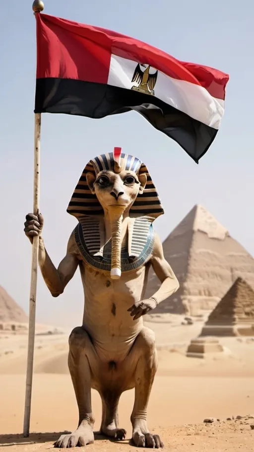 Prompt: Creepy animal holding Egyptian flag