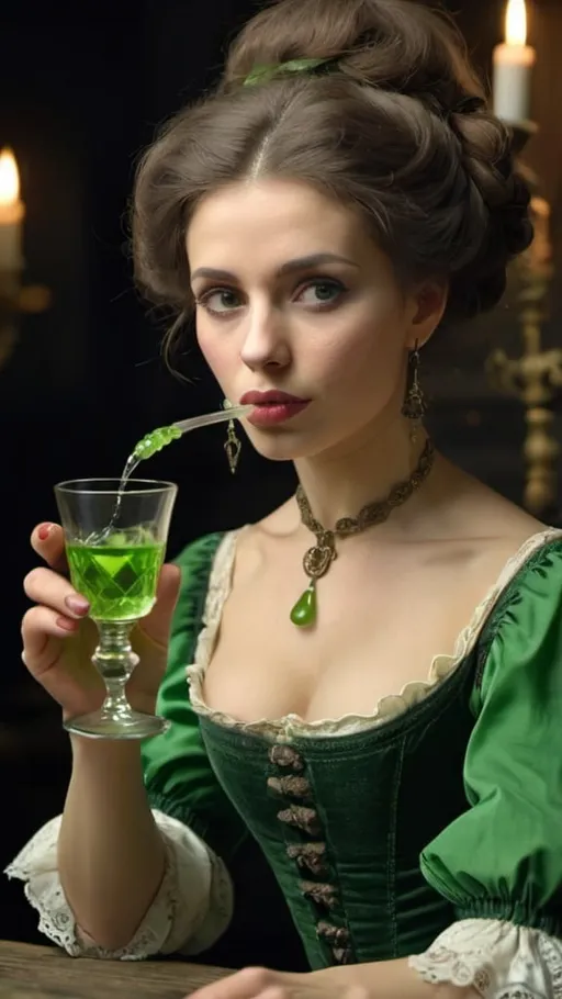 Prompt: Baroque woman drinking absinthe. UHD. 64K. 