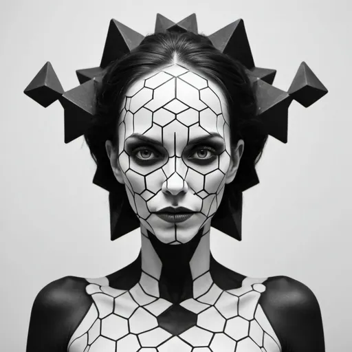 Prompt: Grotesque hexagonal woman. Black and white. 