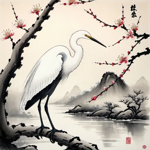 Prompt: Plum blossom and egret. Japanese ink painting 