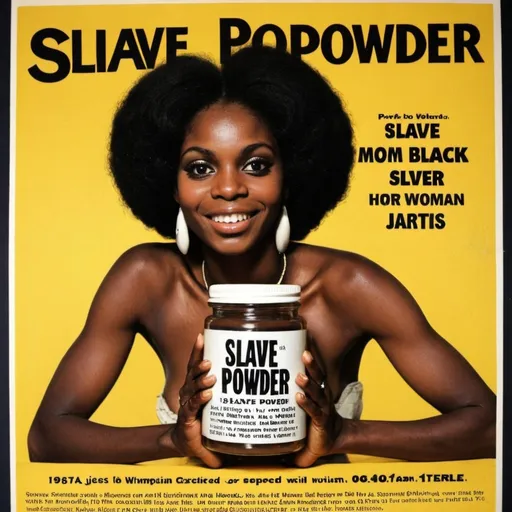 Prompt: Advert for “Slave Powder”. Pretty Black woman holding jar. 1970s style 