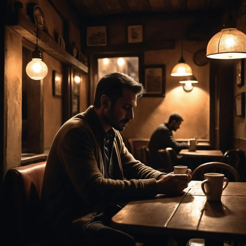 Prompt: Man in 30s, 175 cm
Not facing the camera
reading in a cafe
Dark cafe
Back to the camera
turkey
Far away from the camera
