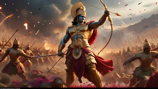 Prompt: Epic battlefield scene, (Arjuna) stands resolute, depicted in intricate detail, gripping a gleaming bow, illustrated expressions of internal conflict, dramatic lighting casting shadows; surrounded by chaos of clashing armies, vivid colors emphasizing the gravity, tension in the air palpable, (feeling of despair and duty), (4K) ultra-detailed, cinematic atmosphere enhancing the emotional depth of the moment.