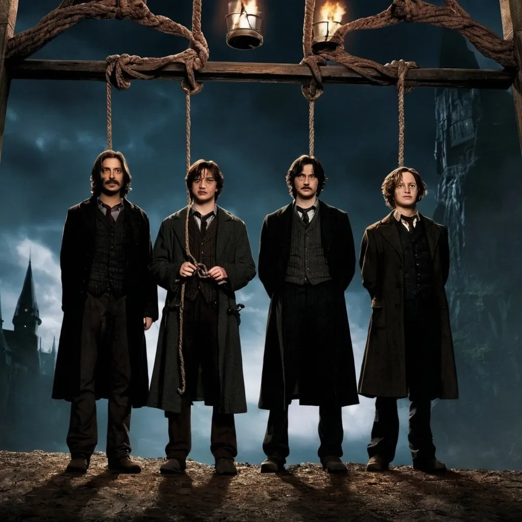 Prompt: James Potter, Sirius Black, Remus Lupin, and Peter Pettigrew standing at the gallows with nooses around their necks.