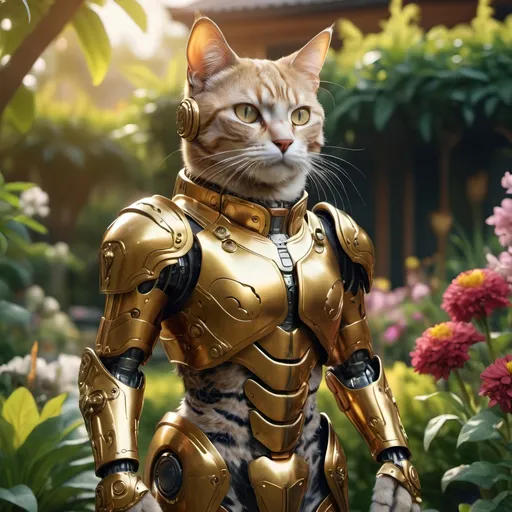 Prompt: A cyborg cat, wearing golden armor,  standing in a beautiful garden, rich color palette, 4K, Hyper realistic, highly detailed, professional, high quality, detailed background, cinematic lighting