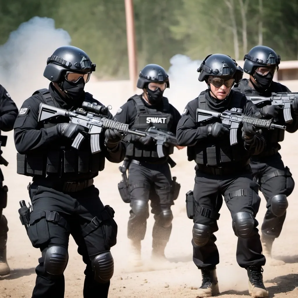 Prompt: A group of SWAT members each in modular shoulder pads, all in black uniforms gloves boots vests that look like Spear Balcs knee pads as well. Helmets with goggles above firing behind a bearcat. with M4A1s and other rifles.