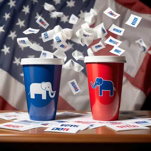 Prompt: Two coffee cups battling each other, each representing the Democratic and Republican parties in the context of an election competition.

Background: The setting is a voting booth or election scene, with ballots scattered around and a large election table. On the table are ballots from citizens, each with distinct colors and logos representing the two parties. The scene includes smaller symbols related to elections, such as American flags, ballot boxes, and campaign materials.

The Two Coffee Cups:

The Coffee Cup Representing the Democratic Party: The cup should be in light blue, the traditional color of the Democratic Party. It could feature a small symbol like an eagle or a star.
The Coffee Cup Representing the Republican Party: The cup should be in bright red, the color associated with the Republican Party. The cup may have a small symbol such as an elephant (the symbol of the Republican Party) or stars.
The two cups are depicted as "battling" each other, showing the fierce competition in the election. They can be illustrated as facing off, with coffee splashing out of each cup in a dynamic way, creating a sense of conflict.

Interaction:

Ballots around the scene can be flying up, caught in the turbulence created by the two battling coffee cups.
Some ballots may be knocked away or tossed back, showing the chaotic and tense nature of the election.
The symbols of the Democratic and Republican parties (such as the eagle and elephant) could be seen "fighting" in the background or as part of the action, adding to the visual representation of the political rivalry.
Colors and Feel:

The dominant colors should be red and blue, with a mix of brown coffee tones to create a lively, dynamic atmosphere.
The overall mood should feel tense yet humorous, reflecting the fierce competition of the election, but also bringing a light-hearted, relatable touch.