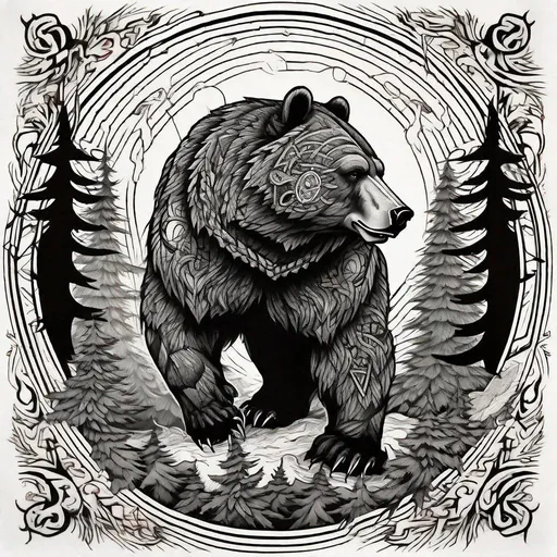 Prompt: Norse style flash tattoo art of a fierce bear in a forest, bold and intricate linework, black ink with hints of vibrant red, strong and powerful stance, detailed fur with dynamic shading, mystical and ancient feel, high quality, traditional, Norse style, detailed linework, fierce animals, vibrant red accents, mystical atmosphere, black ink, powerful stance, detailed fur, high contrast, professional, dynamic shading