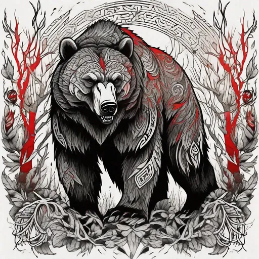 Prompt: Norse style flash tattoo art of a fierce bear in a forest, bold and intricate linework, black ink with hints of vibrant red, strong and powerful stance, detailed fur with dynamic shading, mystical and ancient feel, high quality, traditional, Norse style, detailed linework, fierce animals, vibrant red accents, mystical atmosphere, black ink, powerful stance, detailed fur, high contrast, professional, dynamic shading