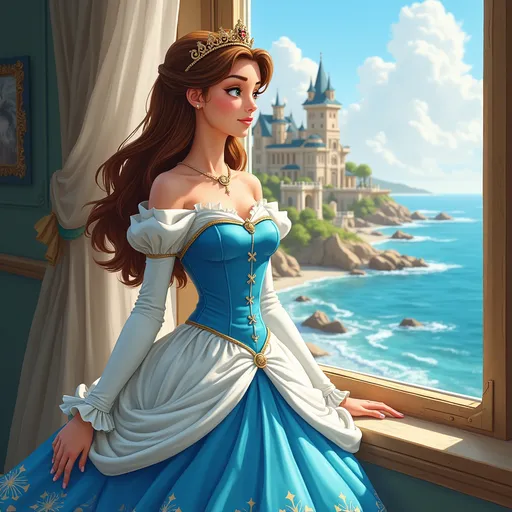Prompt: A beautiful and special princess with brown hair and a beautiful blue and white dress stands by the window of her palace, and her palace is located by the seashore.