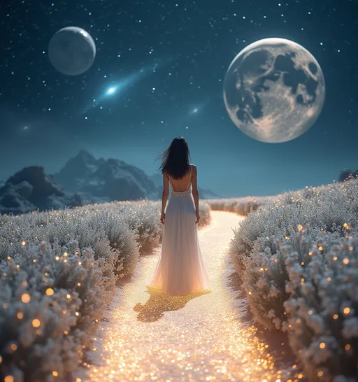 Prompt: A woman dressed in a flowing white gown walks along a luminous path that shimmers like stardust, surrounded by a mesmerizing landscape of sparkling flowers. The ethereal scene is set in a cosmic environment, dominated by large celestial bodies floating majestically against a star-filled sky. Wisps of galaxies twinkle in the distance, adding depth to the vastness of space. As she strides, the gentle curvature of the path suggests a journey into the unknown, evoking feelings of wonder and tranquility amidst the cosmic expanse that seems almost dreamlike. The soft lighting accentuates the serene mood, capturing a moment of introspective beauty in an otherworldly realm.
