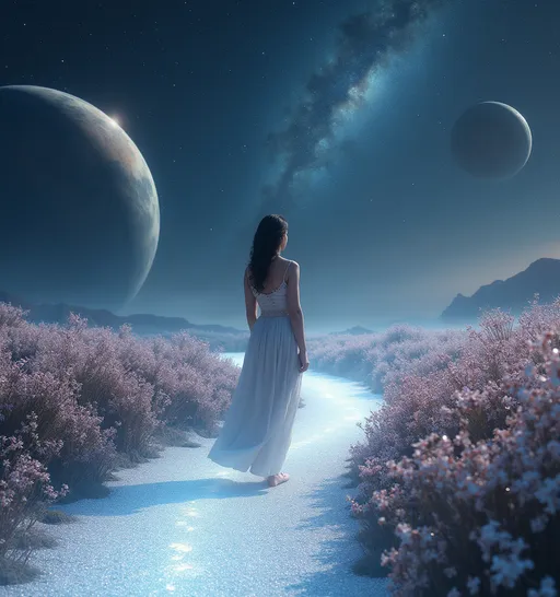 Prompt: A woman dressed in a flowing white gown walks along a luminous path that shimmers like stardust, surrounded by a mesmerizing landscape of sparkling flowers. The ethereal scene is set in a cosmic environment, dominated by large celestial bodies floating majestically against a star-filled sky. Wisps of galaxies twinkle in the distance, adding depth to the vastness of space. As she strides, the gentle curvature of the path suggests a journey into the unknown, evoking feelings of wonder and tranquility amidst the cosmic expanse that seems almost dreamlike. The soft lighting accentuates the serene mood, capturing a moment of introspective beauty in an otherworldly realm.