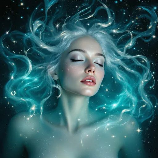 Prompt: A mystical, ethereal woman floating in a cosmic-blue liquid realm, with translucent hair swirling like threads of light and stardust. Her features are soft but otherworldly—ancient, alien, or divine—reflecting peace and timeless memory. Teal and silver glow flows around her, and subtle symbols shimmer in the water like hidden language. Her eyes are closed, as if listening to the stars. Dreamlike, surreal beauty, not overly perfect—visually poetic, sacred frequency.