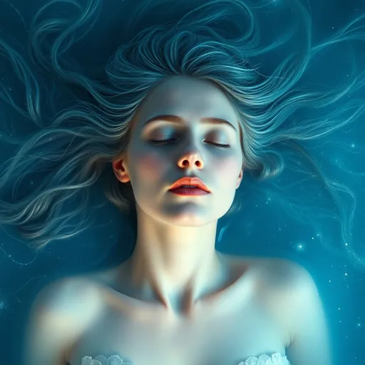 Prompt: A mystical, ethereal woman floating in a cosmic-blue liquid realm, with translucent hair swirling like threads of light and stardust. Her features are soft but otherworldly—ancient, alien, or divine—reflecting peace and timeless memory. Teal and silver glow flows around her, and subtle symbols shimmer in the water like hidden language. Her eyes are closed, as if listening to the stars. Dreamlike, surreal beauty, not overly perfect—visually poetic, sacred frequency.