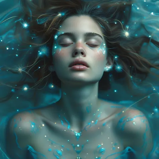 Prompt: A mystical, ethereal woman floating in a cosmic-blue liquid realm, with translucent hair swirling like threads of light and stardust. Her features are soft but otherworldly—ancient, alien, or divine—reflecting peace and timeless memory. Teal and silver glow flows around her, and subtle symbols shimmer in the water like hidden language. Her eyes are closed, as if listening to the stars. Dreamlike, surreal beauty, not overly perfect—visually poetic, sacred frequency.