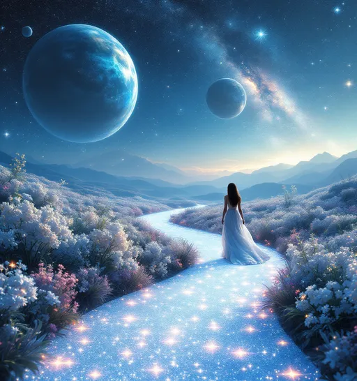 Prompt: A woman dressed in a flowing white gown walks along a luminous path that shimmers like stardust, surrounded by a mesmerizing landscape of sparkling flowers. The ethereal scene is set in a cosmic environment, dominated by large celestial bodies floating majestically against a star-filled sky. Wisps of galaxies twinkle in the distance, adding depth to the vastness of space. As she strides, the gentle curvature of the path suggests a journey into the unknown, evoking feelings of wonder and tranquility amidst the cosmic expanse that seems almost dreamlike. The soft lighting accentuates the serene mood, capturing a moment of introspective beauty in an otherworldly realm.