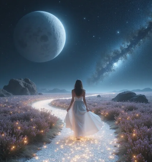 Prompt: A woman dressed in a flowing white gown walks along a luminous path that shimmers like stardust, surrounded by a mesmerizing landscape of sparkling flowers. The ethereal scene is set in a cosmic environment, dominated by large celestial bodies floating majestically against a star-filled sky. Wisps of galaxies twinkle in the distance, adding depth to the vastness of space. As she strides, the gentle curvature of the path suggests a journey into the unknown, evoking feelings of wonder and tranquility amidst the cosmic expanse that seems almost dreamlike. The soft lighting accentuates the serene mood, capturing a moment of introspective beauty in an otherworldly realm.
