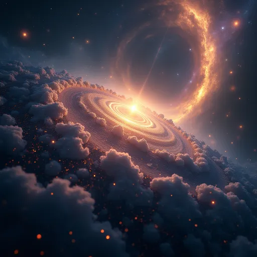 Prompt: A majestic galaxy scene with Sirius shining brightly in the distance, surrounded by shimmering particles that swirl like liquid stardust and flowing smoke. A radiant field of light energy flows gently from the right side of the image, like a cosmic breath or current, softly illuminating the particles as they move. The background is deep space with nebulas, stars, and gentle motion. The atmosphere feels sacred, serene, and alive—charged with divine intelligence and frequency. Dreamlike, high-resolution, cinematic lighting, spiritual cosmic art, magical realism.

#Sirius #GalacticBreath #StarseedVision #SwirlingParticles #LiquidLight #MysticGalaxy #CosmicFrequency #AIArtPrompt