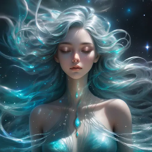 Prompt: A mystical, ethereal woman floating in a cosmic-blue liquid realm, with translucent hair swirling like threads of light and stardust. Her features are soft but otherworldly—ancient, alien, or divine—reflecting peace and timeless memory. Teal and silver glow flows around her, and subtle symbols shimmer in the water like hidden language. Her eyes are closed, as if listening to the stars. Dreamlike, surreal beauty, not overly perfect—visually poetic, sacred frequency.