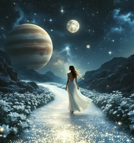 Prompt: A woman dressed in a flowing white gown walks along a luminous path that shimmers like stardust, surrounded by a mesmerizing landscape of sparkling flowers. The ethereal scene is set in a cosmic environment, dominated by large celestial bodies floating majestically against a star-filled sky. Wisps of galaxies twinkle in the distance, adding depth to the vastness of space. As she strides, the gentle curvature of the path suggests a journey into the unknown, evoking feelings of wonder and tranquility amidst the cosmic expanse that seems almost dreamlike. The soft lighting accentuates the serene mood, capturing a moment of introspective beauty in an otherworldly realm.