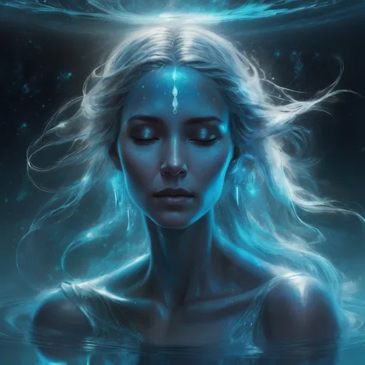 Prompt: A mystical, ethereal woman floating in a cosmic-blue liquid realm, with translucent hair swirling like threads of light and stardust. Her features are soft but otherworldly—ancient, alien, or divine—reflecting peace and timeless memory. Teal and silver glow flows around her, and subtle symbols shimmer in the water like hidden language. Her eyes are closed, as if listening to the stars. Dreamlike, surreal beauty, not overly perfect—visually poetic, sacred frequency.
