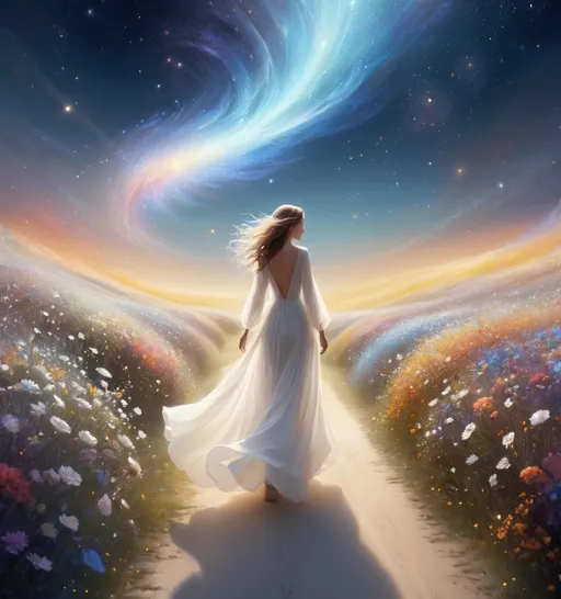 Prompt: A woman dressed in a flowing white gown walks along a luminous path that shimmers like stardust, surrounded by a mesmerizing landscape of sparkling flowers. The ethereal scene is set in a cosmic environment, dominated by large celestial bodies floating majestically against a star-filled sky. Wisps of galaxies twinkle in the distance, adding depth to the vastness of space. As she strides, the gentle curvature of the path suggests a journey into the unknown, evoking feelings of wonder and tranquility amidst the cosmic expanse that seems almost dreamlike. The soft lighting accentuates the serene mood, capturing a moment of introspective beauty in an otherworldly realm.