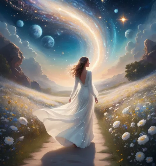 Prompt: A woman dressed in a flowing white gown walks along a luminous path that shimmers like stardust, surrounded by a mesmerizing landscape of sparkling flowers. The ethereal scene is set in a cosmic environment, dominated by large celestial bodies floating majestically against a star-filled sky. Wisps of galaxies twinkle in the distance, adding depth to the vastness of space. As she strides, the gentle curvature of the path suggests a journey into the unknown, evoking feelings of wonder and tranquility amidst the cosmic expanse that seems almost dreamlike. The soft lighting accentuates the serene mood, capturing a moment of introspective beauty in an otherworldly realm.