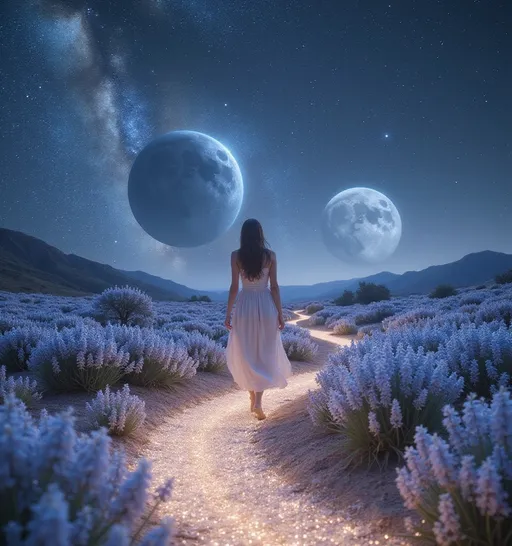 Prompt: A woman dressed in a flowing white gown walks along a luminous path that shimmers like stardust, surrounded by a mesmerizing landscape of sparkling flowers. The ethereal scene is set in a cosmic environment, dominated by large celestial bodies floating majestically against a star-filled sky. Wisps of galaxies twinkle in the distance, adding depth to the vastness of space. As she strides, the gentle curvature of the path suggests a journey into the unknown, evoking feelings of wonder and tranquility amidst the cosmic expanse that seems almost dreamlike. The soft lighting accentuates the serene mood, capturing a moment of introspective beauty in an otherworldly realm.