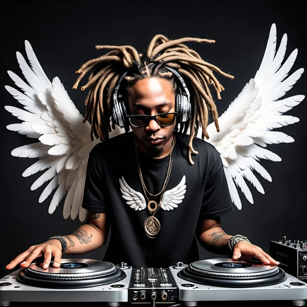 Prompt: an african american dj with dread locs and angel wings using the turn tables