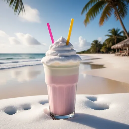 Prompt: Snow fading into a tropical beach with a milkshake in the center background