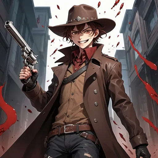 Prompt: An anime boy with wavy, reddish brown hair in a pistol standoff dual wielding revolvers wearing leather trench coat and psychotic smile. Wears leather cowboy hat, Blood flies around as he shoots 