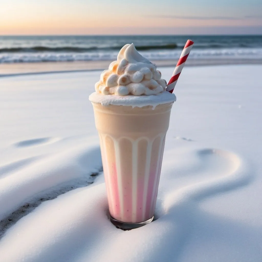 Prompt: Snow fading into a beach with a milkshake in the center background