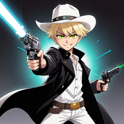 Prompt: blonde anime pre-teenager boy (around 10 years old) in a white shirt, a black leather trench coat, white pants, cowboy hat and holding a raygun laser pistol at gunpoint. Has a psychotic smile. Lasers fly around as he shoots,