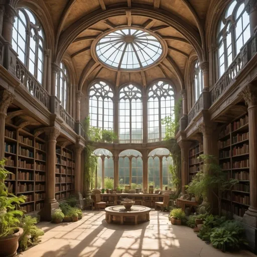 Prompt: A giant, ancient library with giant windows and an inspire garden resembling something out of a fantasy novel