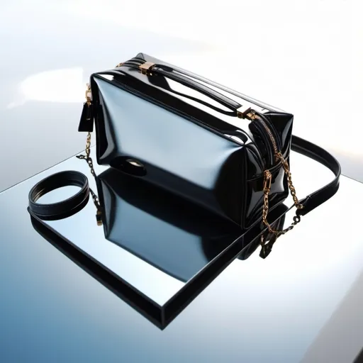 Prompt: the black bag in the space with shadow and reflect in the mirror, warm  enviroment, blue sky in the mirror