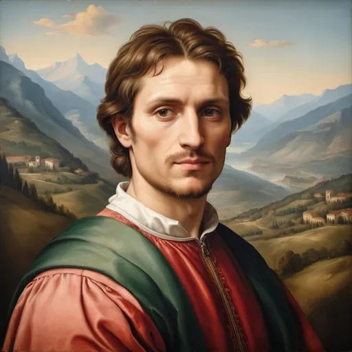 Prompt: Painted portrait of a man, Italian Renaissance style, style of Italian Renaissance painter Raphael, oil painting, majestic mountains in the background, Renaissance art, visible brushwork, classical colors, soft lighting