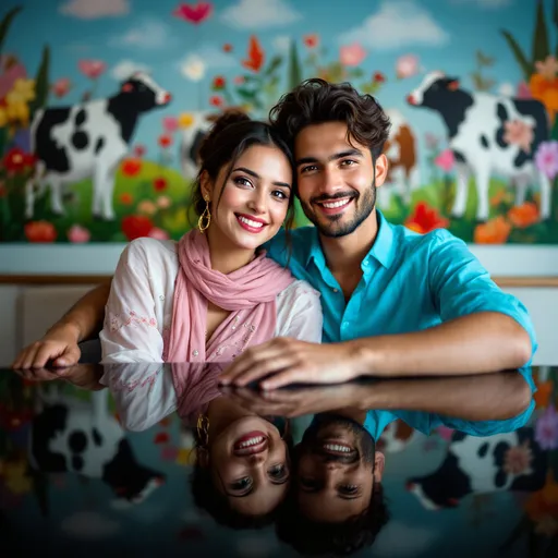 Prompt: A young couple sits closely together, their faces characterized by soft smiles that radiate warmth and affection. They are captured from a unique angle, with their reflections prominently displayed on a glossy black surface, emphasizing the connection between them. The woman wears a pink and white outfit with a delicate scarf draped around her neck, while the man sports a bright blue shirt that adds a pop of color to the scene. In the background, a vibrant mural featuring cows and floral motifs creates an inviting and culturally rich atmosphere, suggesting this intimate moment takes place in a lively indoor setting, perhaps a cozy café or home. The overall composition, blending reflection and warmth, conveys a sense of love and togetherness.