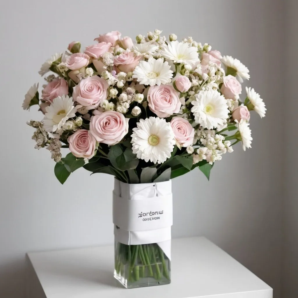 Prompt: lego bouquet, white and light pink flowers, white wrap, in a vase, original box with a picture next to it, many flowers, elegant, extravagant, shiny


