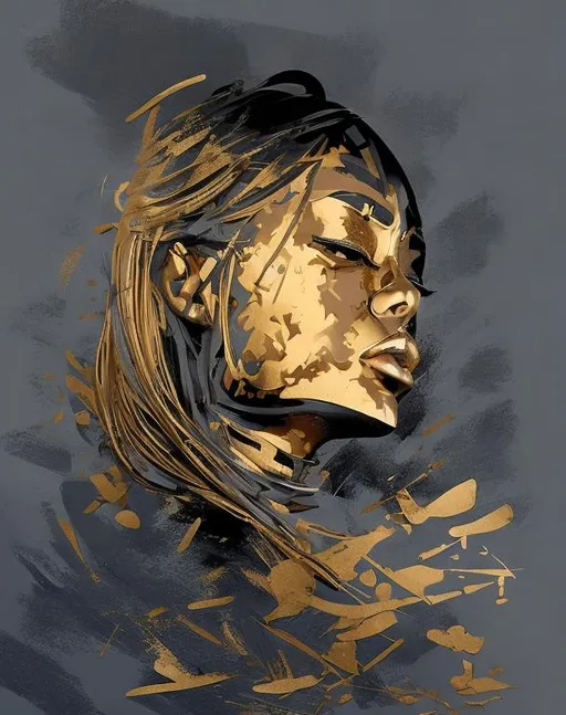 Prompt: create a stylized painting of the attached image using monochromatic coloring and gold highlight.