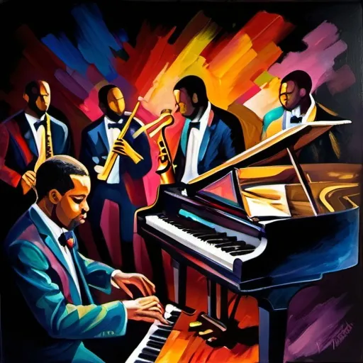 Prompt: abstract painting of a jazz jam session, piano player, saxophonist, vibrant colors, expressive brushstrokes, vintage jazz vibe, oil painting, dynamic composition, energetic music, moody lighting, rich textures, high quality, professional, vibrant colors, atmospheric lighting