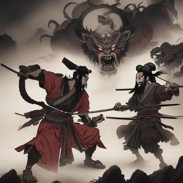 Prompt: samurai fighting demons in a misty land