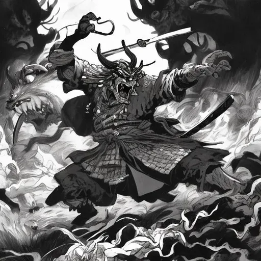 Prompt: A samurai fighting of demons in a black and white land.