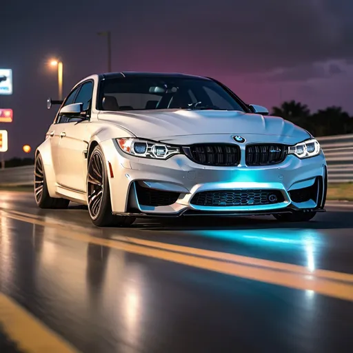 Prompt: 2015 bmw m3 white, synthwave, aesthetic cyberpunk, miami, highway, dusk, neon lights, coastal highway, dusk, neon lights, coastal highway, sunset, drift, nurburgring, water on the road, blade runner, 64k, watercolor, macro sharp focus, 8, hyper realistic, cinematic, highly detailed, photoraelistic, clean