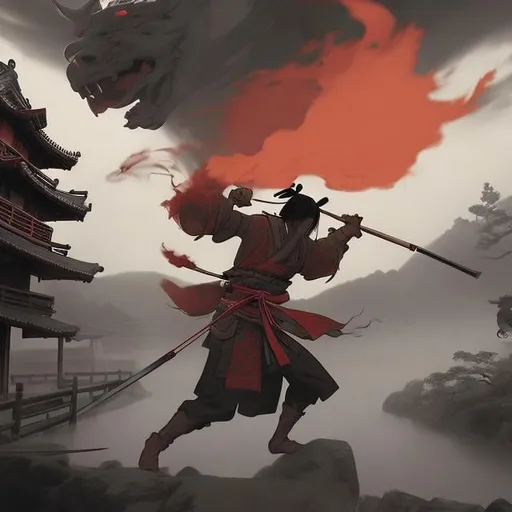Prompt: samurai fighting demons in a misty land